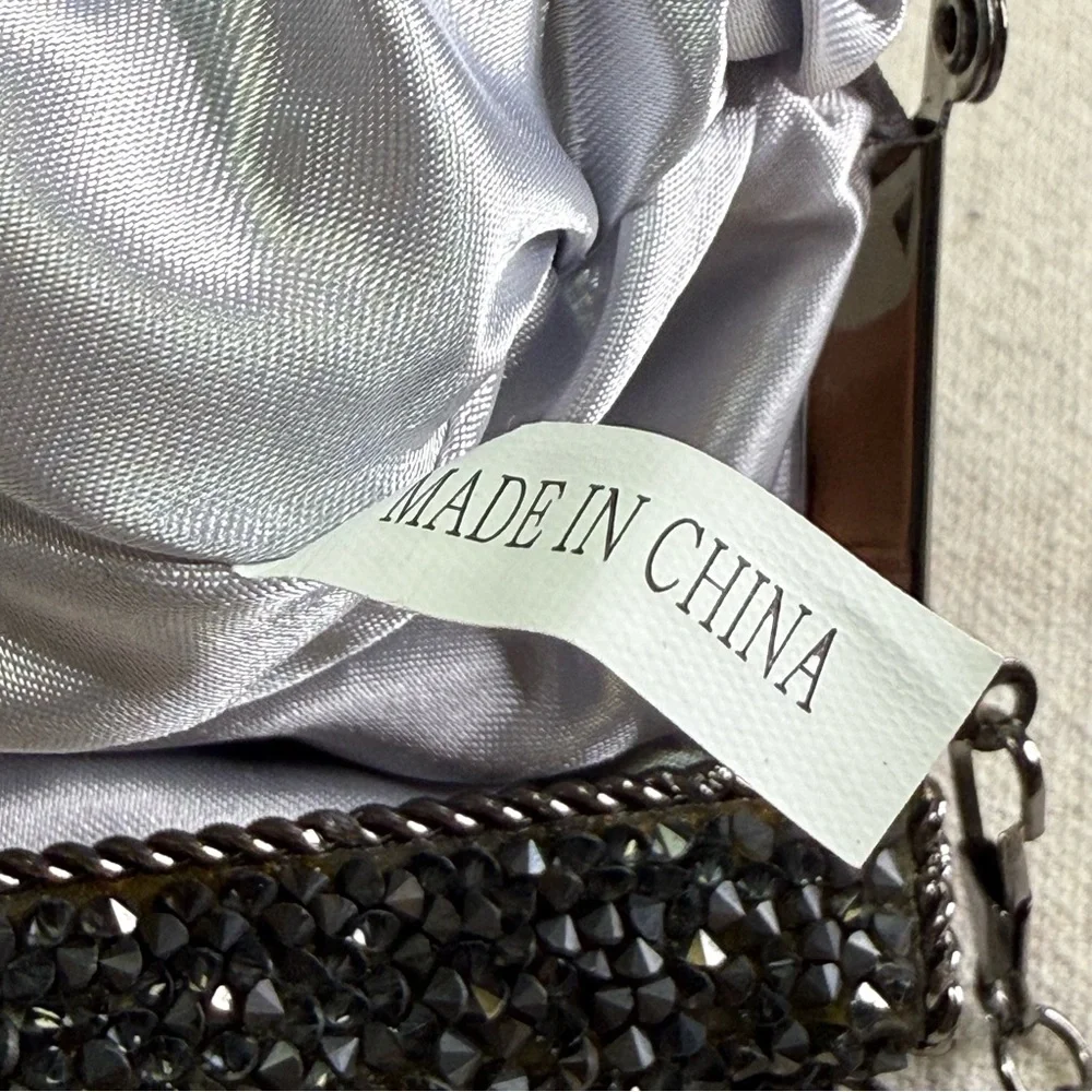 Black Sparkle Rhinestone Frame Clutch Evening Bag w/ Chain Strap
